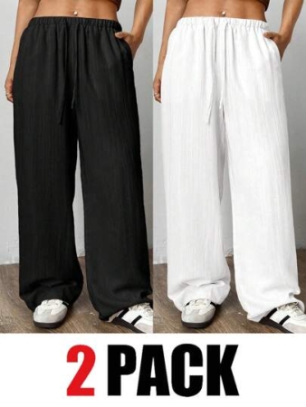 SHEIN EZwear 2pcs/Set Plus Size Women Pants, White & Black, Wide Leg Pants, Summer Pants