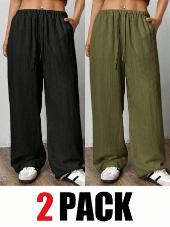 SHEIN EZwear 2pcs/Set Plus Size Women Pants, White & Black, Wide Leg Pants, Summer Pants - Image 2