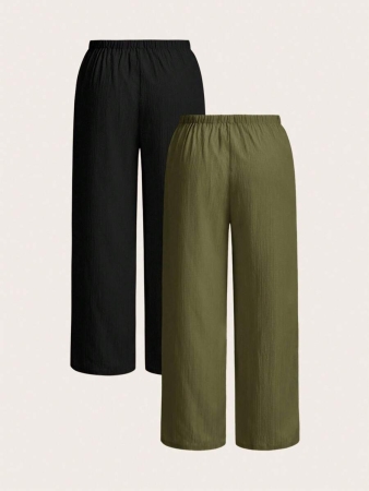 SHEIN EZwear 2pcs/Set Plus Size Women Pants, White & Black, Wide Leg Pants, Summer Pants - Image 3