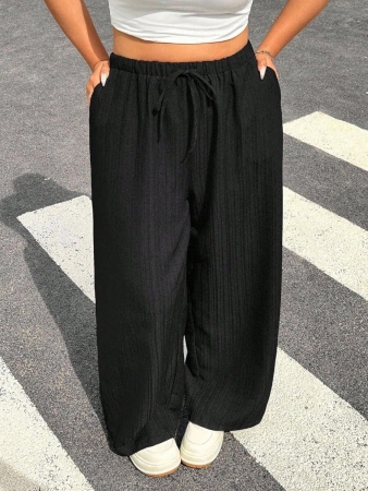 SHEIN EZwear 2pcs/Set Plus Size Women Pants, White & Black, Wide Leg Pants, Summer Pants - Image 5