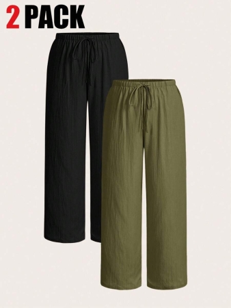 SHEIN EZwear 2pcs/Set Plus Size Women Pants, White & Black, Wide Leg Pants, Summer Pants - Image 7