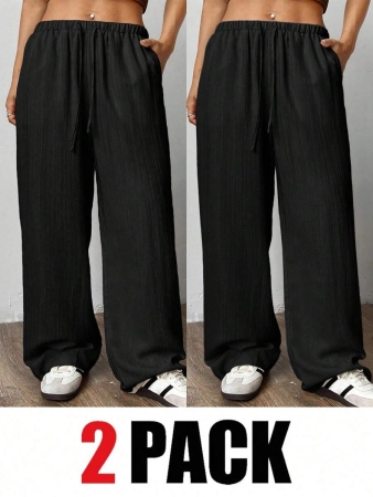 SHEIN EZwear 2pcs/Set Plus Size Women Pants, White & Black, Wide Leg Pants, Summer Pants - Image 9