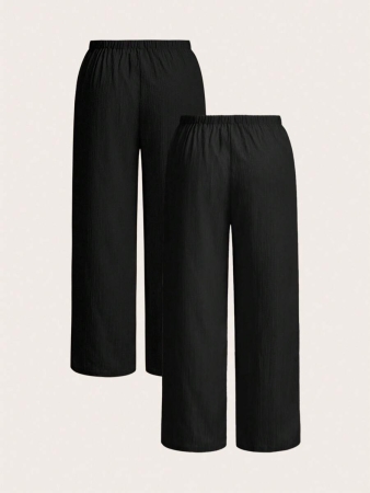 SHEIN EZwear 2pcs/Set Plus Size Women Pants, White & Black, Wide Leg Pants, Summer Pants - Image 10