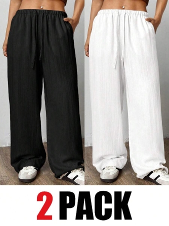 SHEIN EZwear 2pcs/Set Plus Size Women Pants, White & Black, Wide Leg Pants, Summer Pants - Image 16