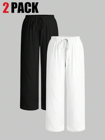 SHEIN EZwear 2pcs/Set Plus Size Women Pants, White & Black, Wide Leg Pants, Summer Pants - Image 21