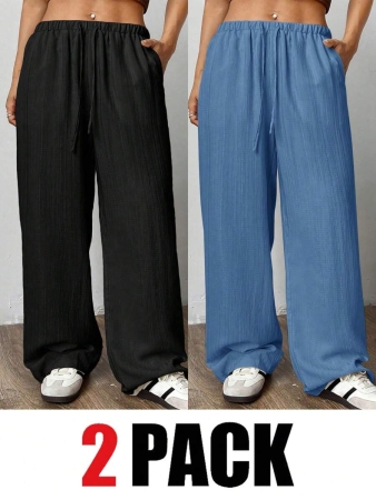 SHEIN EZwear 2pcs/Set Plus Size Women Pants, White & Black, Wide Leg Pants, Summer Pants - Image 23