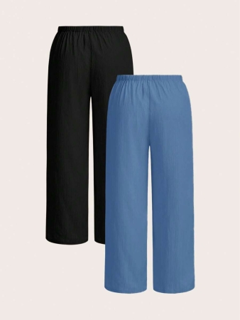 SHEIN EZwear 2pcs/Set Plus Size Women Pants, White & Black, Wide Leg Pants, Summer Pants - Image 26