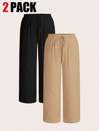 SHEIN EZwear 2pcs/Set Plus Size Women Pants, White & Black, Wide Leg Pants, Summer Pants - Image 35