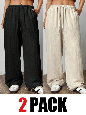 SHEIN EZwear 2pcs/Set Plus Size Women Pants, White & Black, Wide Leg Pants, Summer Pants - Image 37
