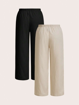 SHEIN EZwear 2pcs/Set Plus Size Women Pants, White & Black, Wide Leg Pants, Summer Pants - Image 38