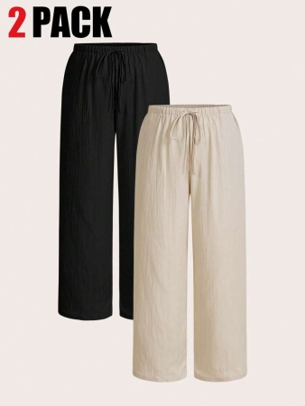 SHEIN EZwear 2pcs/Set Plus Size Women Pants, White & Black, Wide Leg Pants, Summer Pants - Image 42