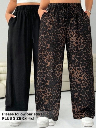 SHEIN EZwear 2pcs/Set Plus Size Women Pants, White & Black, Wide Leg Pants, Summer Pants - Image 46