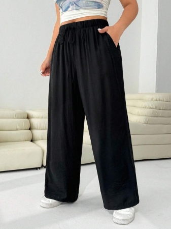 SHEIN EZwear 2pcs/Set Plus Size Women Pants, White & Black, Wide Leg Pants, Summer Pants - Image 50
