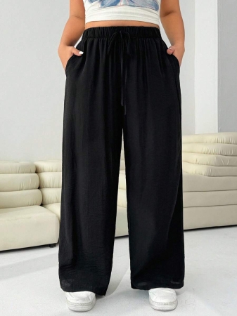 SHEIN EZwear 2pcs/Set Plus Size Women Pants, White & Black, Wide Leg Pants, Summer Pants - Image 51