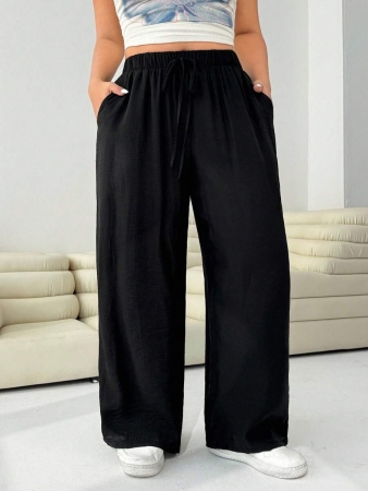 SHEIN EZwear 2pcs/Set Plus Size Women Pants, White & Black, Wide Leg Pants, Summer Pants - Image 52