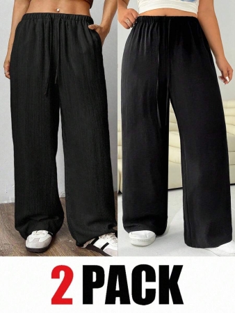 SHEIN EZwear 2pcs/Set Plus Size Women Pants, White & Black, Wide Leg Pants, Summer Pants - Image 53