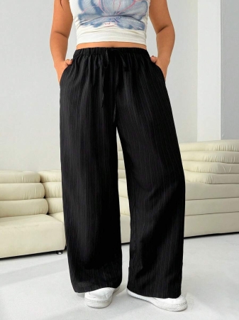 SHEIN EZwear 2pcs/Set Plus Size Women Pants, White & Black, Wide Leg Pants, Summer Pants - Image 55