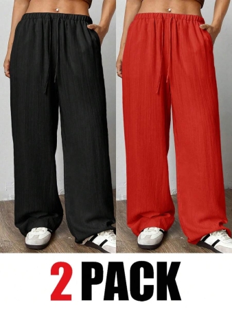 SHEIN EZwear 2pcs/Set Plus Size Women Pants, White & Black, Wide Leg Pants, Summer Pants - Image 59