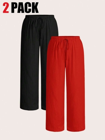 SHEIN EZwear 2pcs/Set Plus Size Women Pants, White & Black, Wide Leg Pants, Summer Pants - Image 64