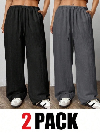 SHEIN EZwear 2pcs/Set Plus Size Women Pants, White & Black, Wide Leg Pants, Summer Pants - Image 73