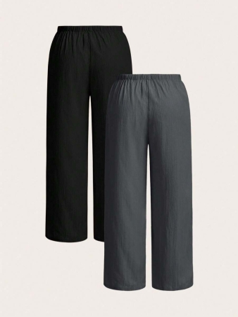 SHEIN EZwear 2pcs/Set Plus Size Women Pants, White & Black, Wide Leg Pants, Summer Pants - Image 74