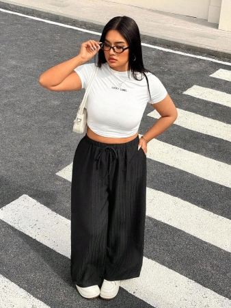 SHEIN EZwear 2pcs/Set Plus Size Women Pants, White & Black, Wide Leg Pants, Summer Pants - Image 76