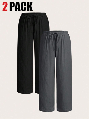 SHEIN EZwear 2pcs/Set Plus Size Women Pants, White & Black, Wide Leg Pants, Summer Pants - Image 78