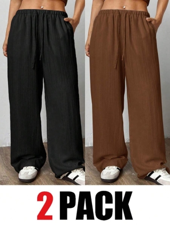 SHEIN EZwear 2pcs/Set Plus Size Women Pants, White & Black, Wide Leg Pants, Summer Pants - Image 80