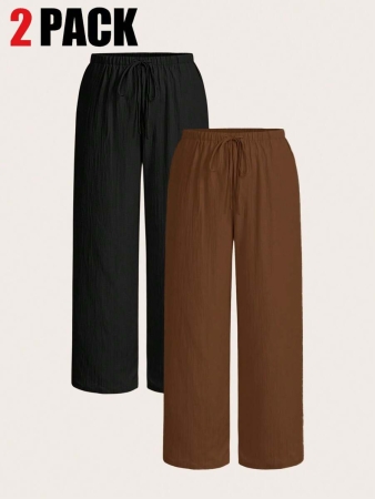 SHEIN EZwear 2pcs/Set Plus Size Women Pants, White & Black, Wide Leg Pants, Summer Pants - Image 81