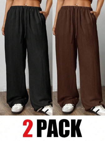 SHEIN EZwear 2pcs/Set Plus Size Women Pants, White & Black, Wide Leg Pants, Summer Pants - Image 87