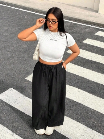 SHEIN EZwear 2pcs/Set Plus Size Women Pants, White & Black, Wide Leg Pants, Summer Pants - Image 90