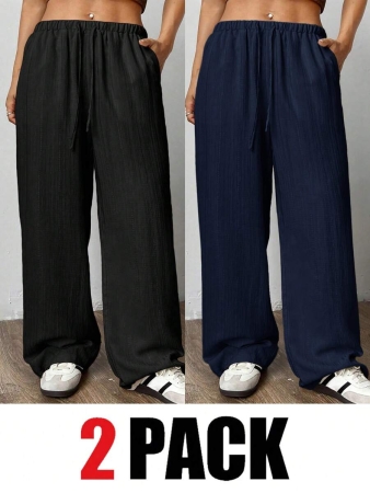 SHEIN EZwear 2pcs/Set Plus Size Women Pants, White & Black, Wide Leg Pants, Summer Pants - Image 94