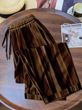 Linhara Plus Size Women Vintage Striped Print Wide Leg Pants, Relaxed Fit, Lightweight For Spring/Summer Fall Cloth For Women