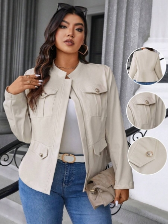 Easura Plus Size Casual Solid Color Utility Jacket, Autumn Fall Winter Cloth For Women - Image 2