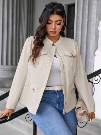 Easura Plus Size Casual Solid Color Utility Jacket, Autumn Fall Winter Cloth For Women - Image 5