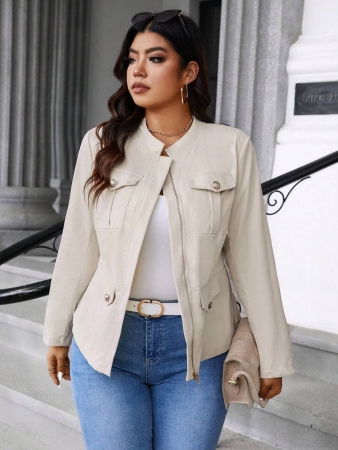 Easura Plus Size Casual Solid Color Utility Jacket, Autumn Fall Winter Cloth For Women - Image 6