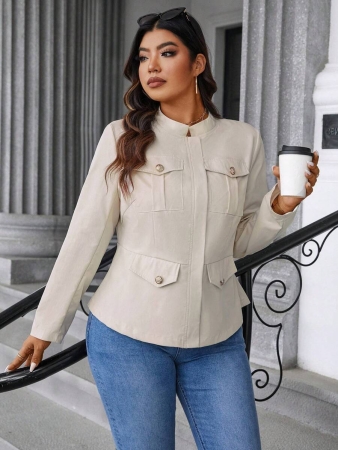 Easura Plus Size Casual Solid Color Utility Jacket, Autumn Fall Winter Cloth For Women - Image 7