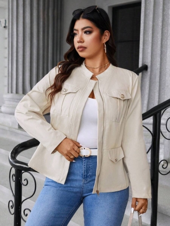 Easura Plus Size Casual Solid Color Utility Jacket, Autumn Fall Winter Cloth For Women - Image 9