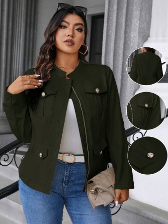 Easura Plus Size Casual Solid Color Utility Jacket, Autumn Fall Winter Cloth For Women - Image 11