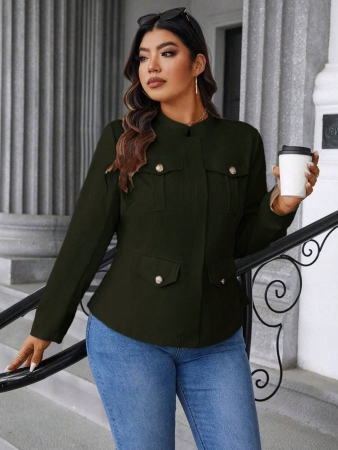 Easura Plus Size Casual Solid Color Utility Jacket, Autumn Fall Winter Cloth For Women - Image 14