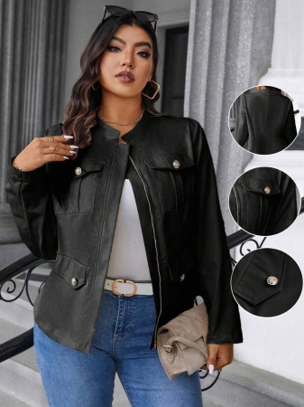 Easura Plus Size Casual Solid Color Utility Jacket, Autumn Fall Winter Cloth For Women - Image 19