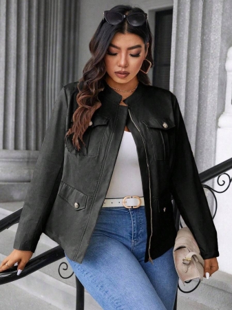 Easura Plus Size Casual Solid Color Utility Jacket, Autumn Fall Winter Cloth For Women - Image 21