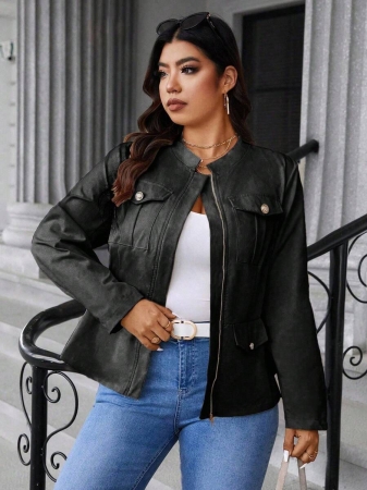 Easura Plus Size Casual Solid Color Utility Jacket, Autumn Fall Winter Cloth For Women - Image 24