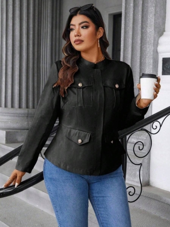 Easura Plus Size Casual Solid Color Utility Jacket, Autumn Fall Winter Cloth For Women - Image 25