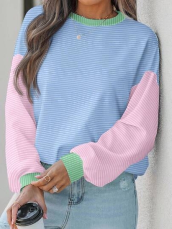 SHEIN EZwear Casual Minimalist Green, Pink, Blue Colorblock Striped Round Neck Loose Short Sleeve T-Shirt For Women, Suitable For Fall,Fall Clothes For Women Winter Autumn