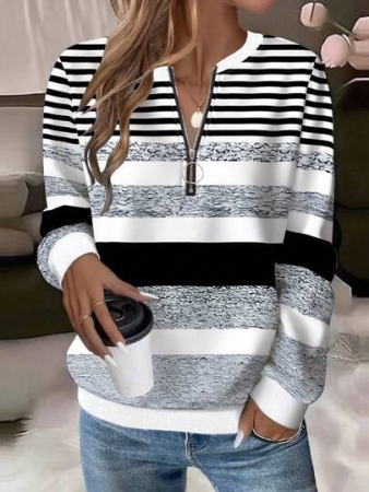 EMERY ROSE Textured Striped Print Zip-Up Round Neck Plus Size Women Sweatshirt