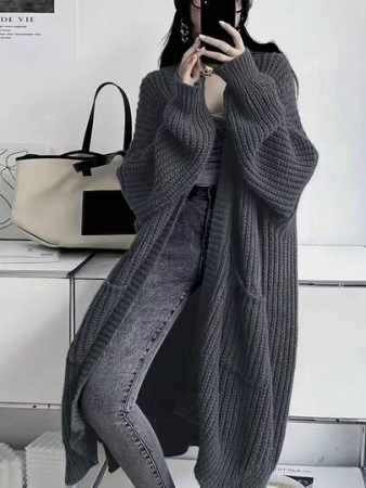 Plus Size Midi Cardigan With Pockets, Long Drop Shoulder Sleeves, Rib Knit Slit Hem, Soft Fabric