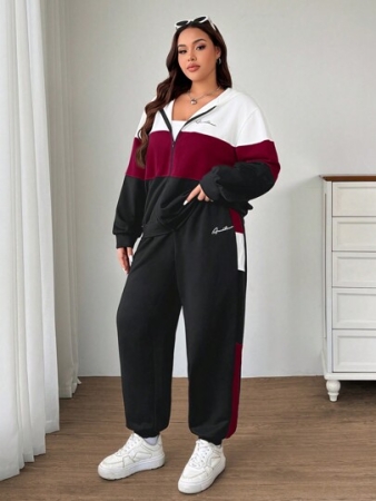SHEIN EZwear 2pcs/Set Plus Size Sporty Casual Contrast Color Slogan Print Sweatshirt Jacket + Pants Tracksuit, Autumn/Winter