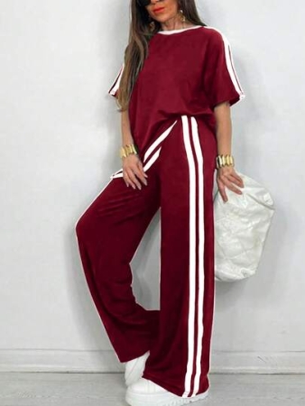 Plus Size Women Casual T-Shirt + Side Stripe Pocket Wide Leg Pants Set