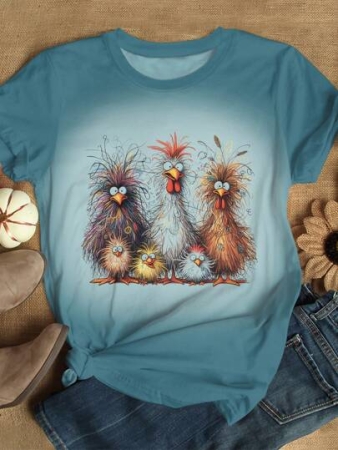 Cute Funny Chicken Family Art Print Casual Short Sleeve T-Shirt For Plus Size Women Graphic Tees Women Tops